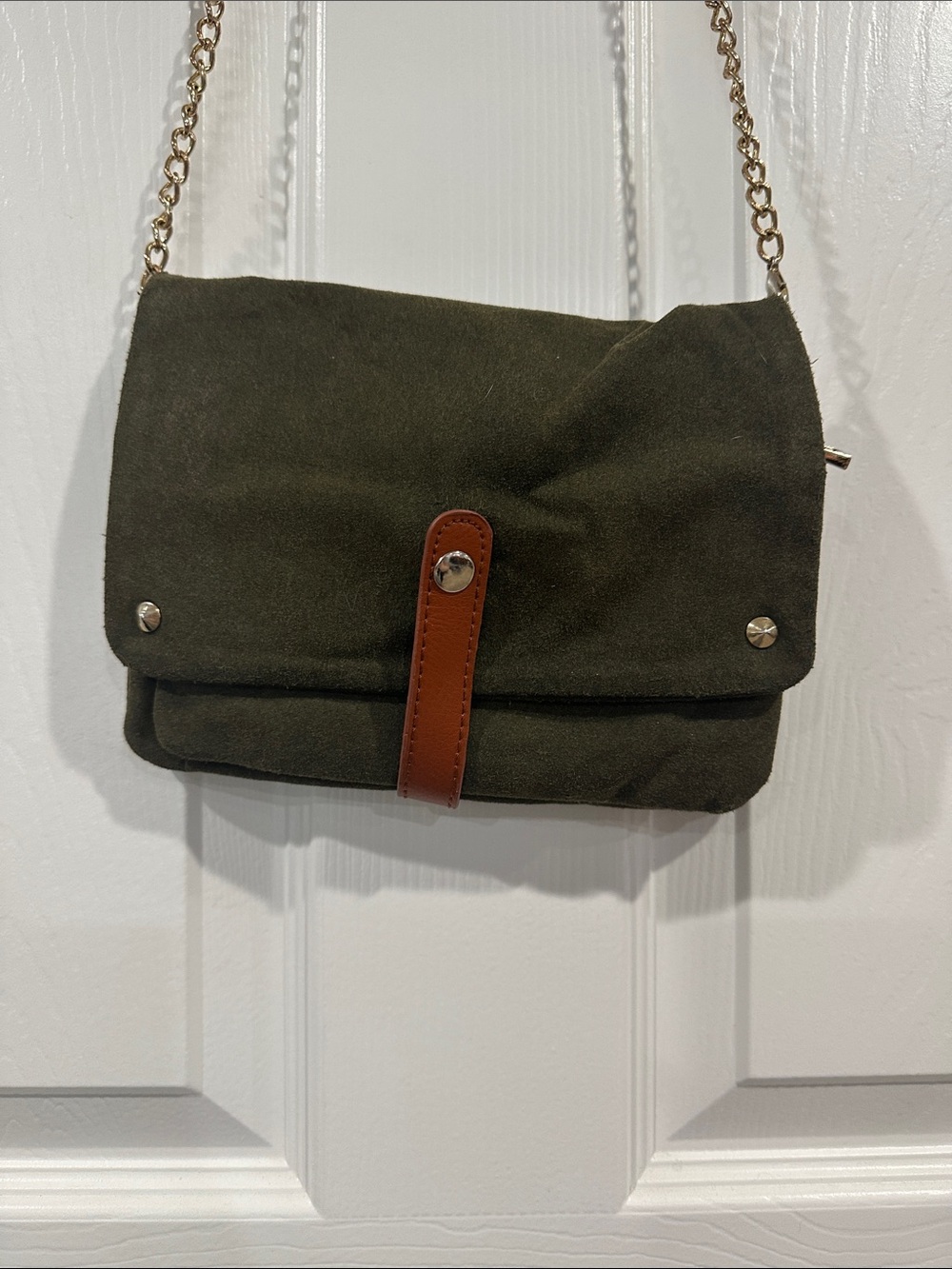 Ruche Olive Green Suede Crossbody with Tan Strap and Gold Chain